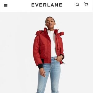 Everlane Renew red puffer heavyweight bomber jacket hood parka coat zipper